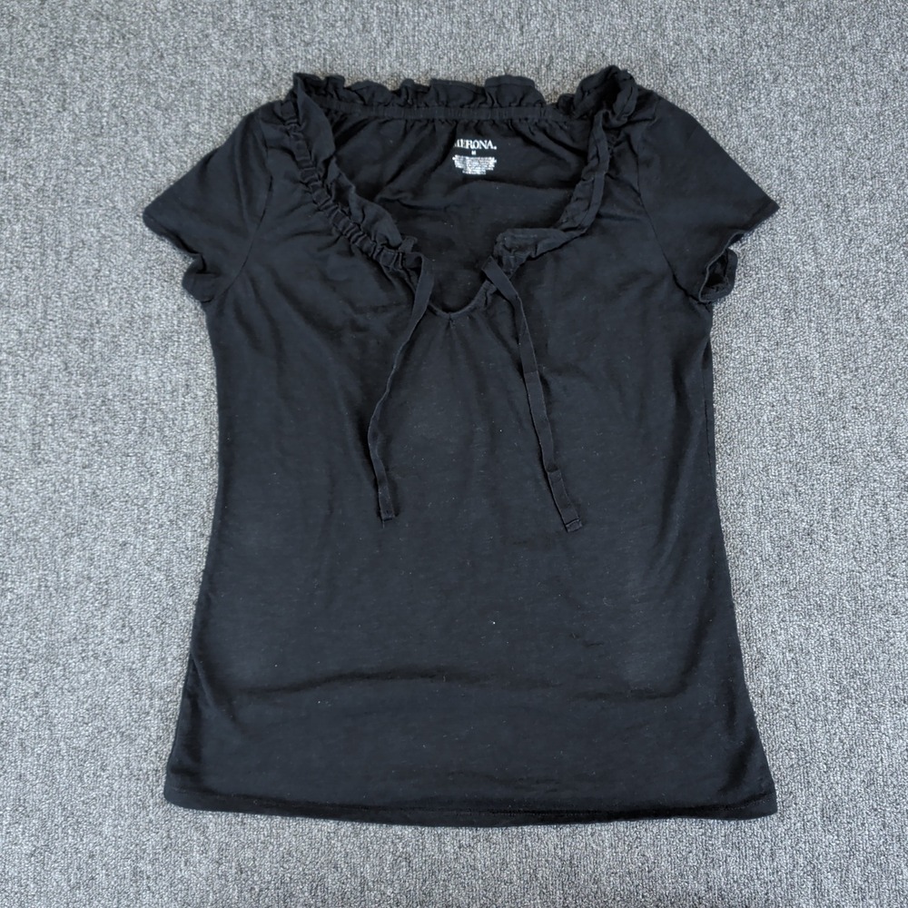 Merona Womens Top M Black 100% Cotton Ruffle Neck Tie Short Sleeve Boho Casual‎